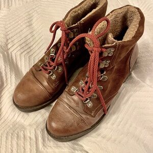 Indigo Brown Leather Ankle Boots with Red Laces